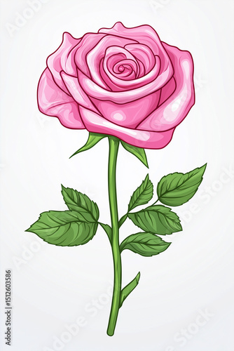 Elegant Pink Rose Botanical Illustration with Soft Velvet Petals and Romantic Garden Detail

