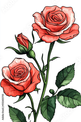 Elegant Pink Rose Botanical Illustration – Soft Petals and Romantic Garden Aesthetic


