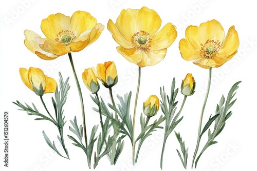 Wallpaper Mural Collection of Vibrant Yellow Buttercup Flowers in Watercolor Style, Capturing Meadow Serenity and Nature's Beauty Torontodigital.ca