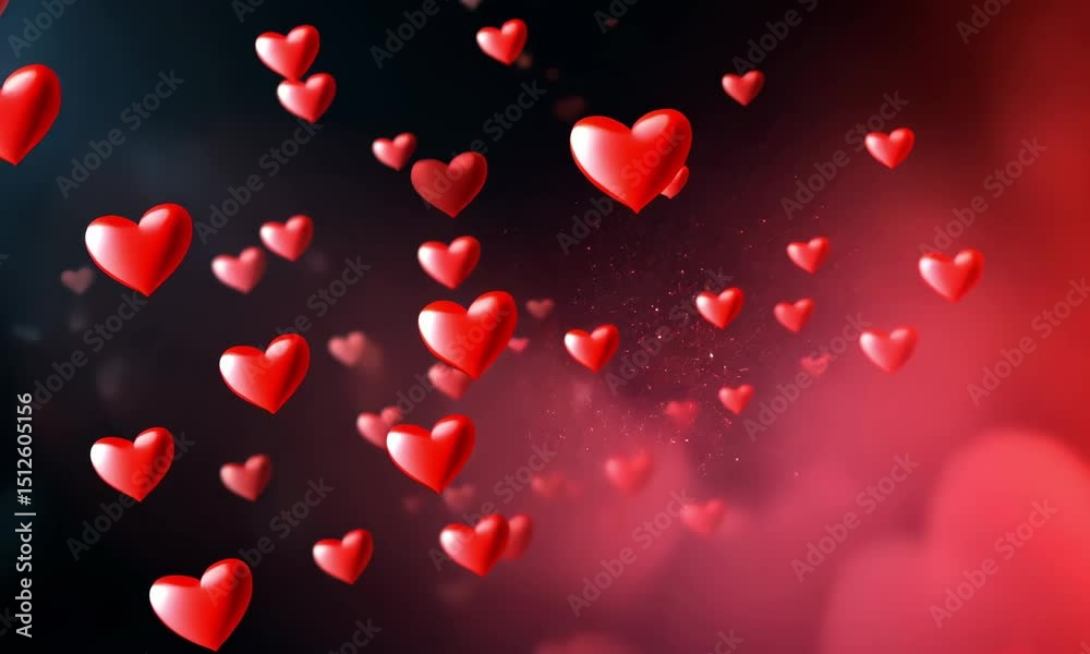 Romantic scene of red 3D hearts floating in the air against a dark background with a pink mist, symbolizing love and affection.
