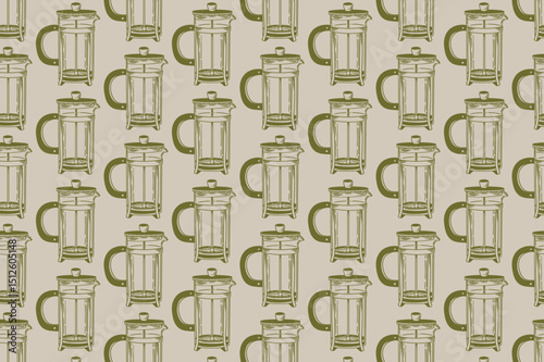 Coffee motif vector pattern. Coffee shop background with vintage line art. For cafe bar menus, posters, and graphic design.