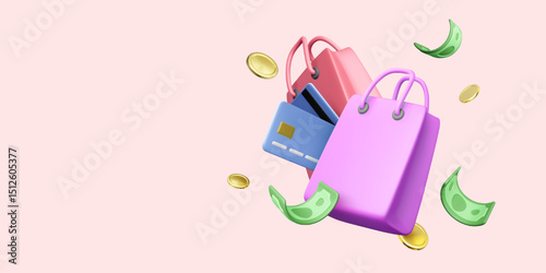Shopping Bags, Credit Card, Coins, and Cash Floating on Soft Pink Background. Ideal for Online Shopping, Payments, and Sales Concepts. Colorful 3D Vector