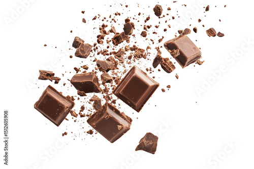 Milk chocolate pieces exploding isolated on transparent background
