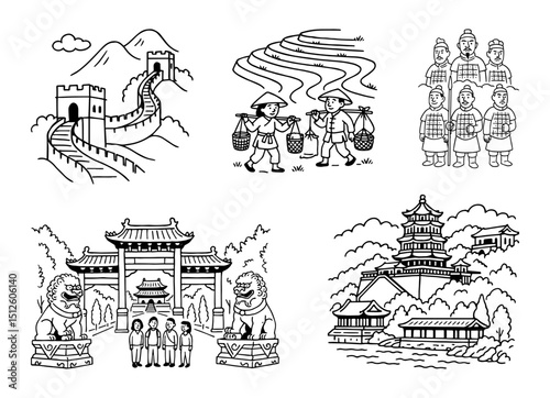 Line art of China sights: Great Wall, rice fields, soldiers, gates, and pagodas in black