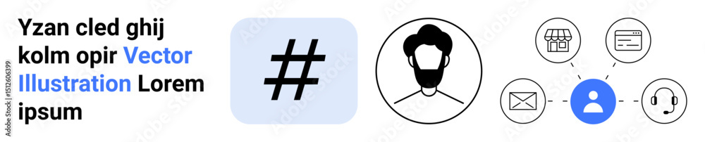 Fototapeta premium metadata tag symbol beside a user profile connected to icons representing email, chat, support, shopping, and internet. Ideal for networking, digital identity, customer service, shopping social