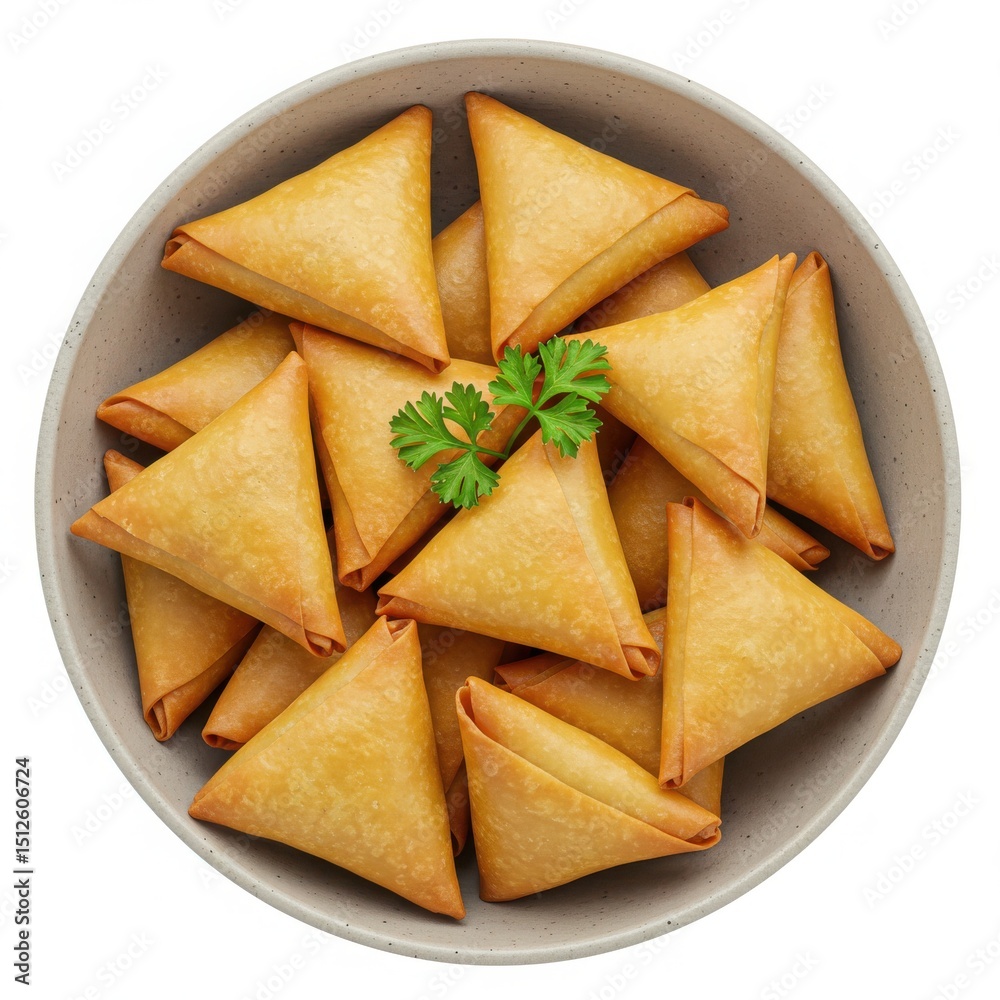 Crispy samosas in bowl isolated on white background Crispy samosas in bowl isolated on white background