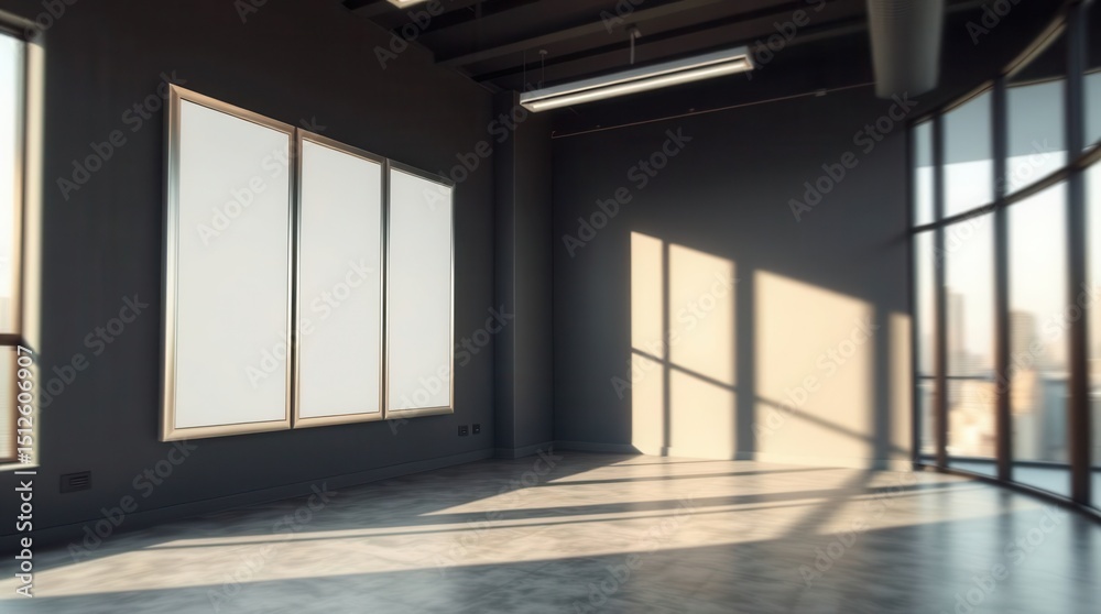 Obraz premium Modern office space with light, shadow, and picture frames on the wall create a minimalist aesthetic.