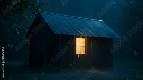 Cozy cabin in the rain at night