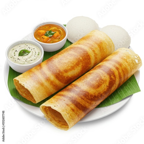 Delicious masala dosa with idli and sambar isolated on white background