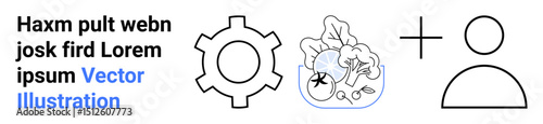 Gear for productivity, salad bowl for healthy living, user icon with plus sign for connection. Ideal for teamwork, health, balance, productivity, collaboration, networking simple landing page