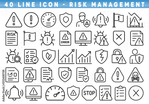 Comprehensive collection of line icons depicting various aspects of risk management and safety protocols.Editable stroke.