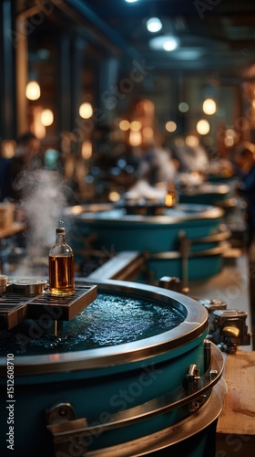 Atmospheric whiskey distillery with turquoise fermentation tanks and amber bottle steaming in foreground, industrial production facility with warm lighting and blurred workers in background
