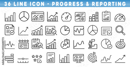 Collection of line icons representing progress and reporting for analytical purposes.Editable stroke.