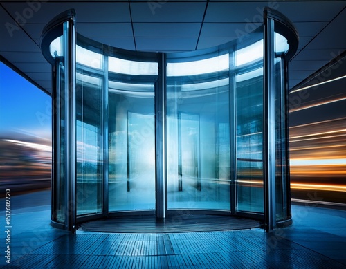 revolving glass door with abstract motion and dynamic lighting