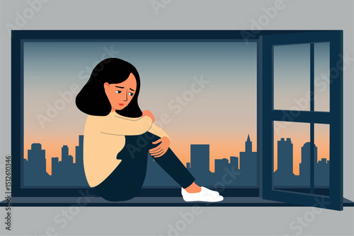 Mental and psychological disorder. Loneliness and frustration. Sadness and sorrow. Life in the big city. Self isolation. Woman in depression concept. 