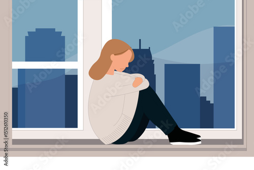Loneliness and frustration. Mental and psychological disorder. Sadness and sorrow. Life in the big city. Self isolation. Woman in depression concept. 