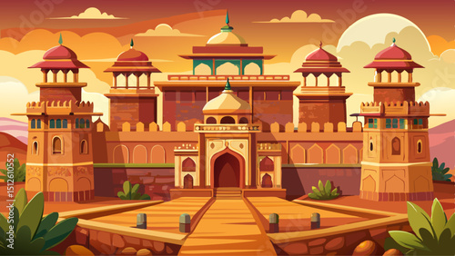 A majestic Indian fort with sandstone walls, arched gateways, decorated balconies, and domed towers. Surrounded by desert hills, it showcases Mughal-era defense, symmetry, and royal architecture.

