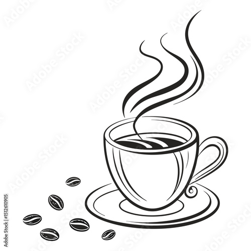 Steaming coffee cup illustration with coffee beans