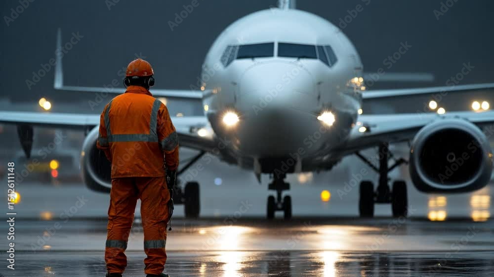 Ground crew member standing near a plane during a rainy evening. Ground crew member standing near a plane during a rainy evening.