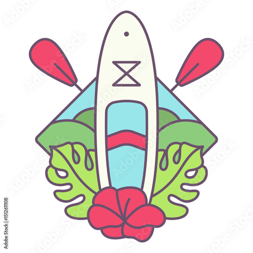 Paddleboard and plants color stroke badge