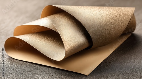 the image shows a textured sheet that has been partially unrolled. the sheet, which is dark tan on its reverse side, curls and folds, revealing a metallic sparkling surface