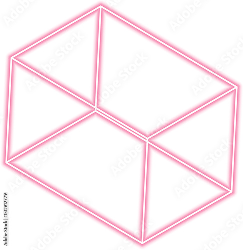 Slanted neon square structure displays beveled contours forming a bold geometric shape with depth.