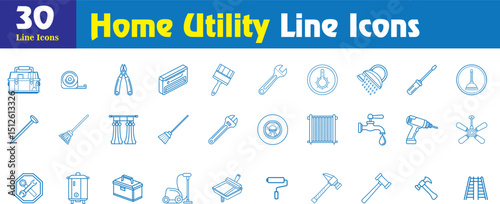 Home Utility and Maintenance Icon Set – Slim Line Style, Tools, Repair, Housekeeping, Editable Stroke Vector
