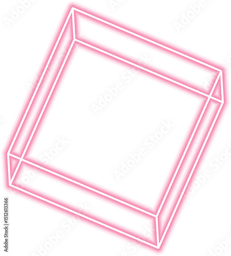 Frame structure in a rotated square form is outlined in neon with depth and geometric precision.