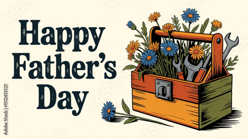Happy father's day celebration image featuring tool box filled with flowers and wrenches
