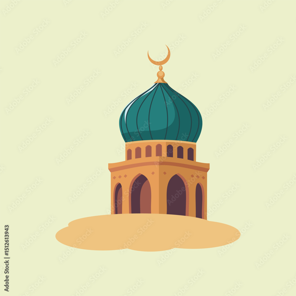 Obraz premium Islamic Mosque Vector Illustration with Crescent Moon Dome. Flat vector illustration of a traditional mosque with a green dome and crescent moon. Perfect for Islamic, Ramadan, and Eid-themed designs.