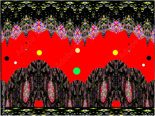 A vibrant abstract composition features geometric patterns with a vivid red background. Various colored circles float above jagged, mountain-like structures.