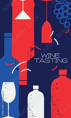 Wine tasting, party poster, flyer design, menu. Wine list, sommelier, alcohol bottle set, glasses, flat style, red wine, white wine, merlot, chardonnay