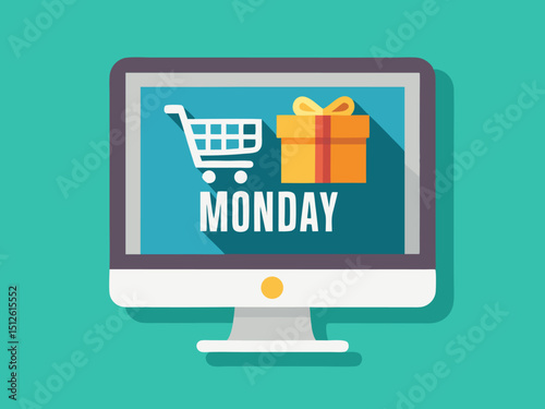 Flat design illustration of Cyber Monday shopping scene with cart icon and gift boxes