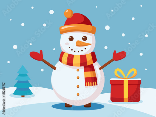 Cute snowman with carrot nose and present in a joyful snowy Christmas scene