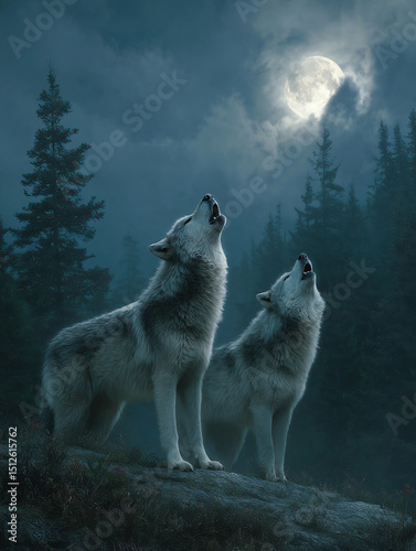 Majestic Wolves Howling Under a Full Moon in a Forest Night Scene

