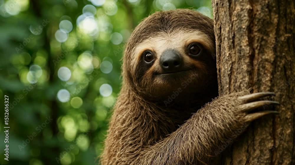 Close-up of a sloth hugging a tree, captured at eye level. The background is softly blurred, creating a serene, nature-focused video concept.