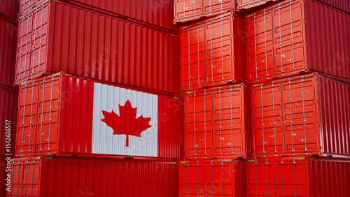 Cargo shipping container with canada flag, shipping and freight transportation of canada concept.