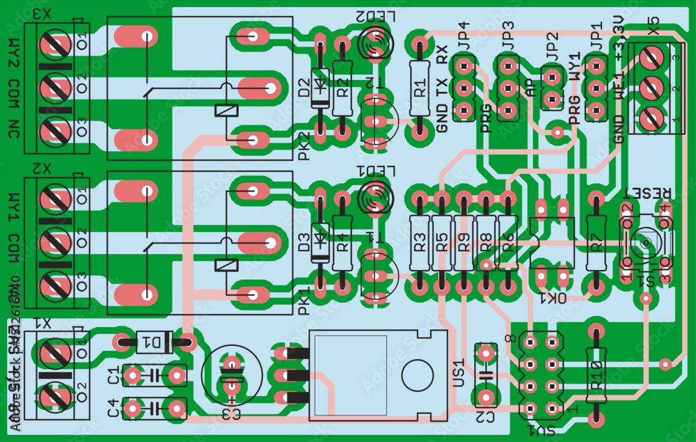 Vector printed circuit board of electronic
device with components set of radio elements,
conductors and contact pads placed on pcb.
Engineering technic drawing. Electric background.
Cad design. Vector printed circuit board of electronic
device with components set of radio elements,
conductors and contact pads placed on pcb.
Engineering technic drawing. Electric background.
Cad design.