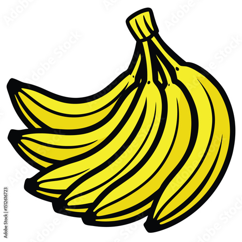A basic cartoon illustration of a bunch of ripe yellow bananas with black outlines, set against a plain white background. The bananas are whole and clustered together with no additional elements.