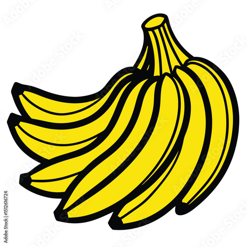 A digital illustration featuring a bunch of yellow bananas with black outlines. The bananas have green tips and are grouped together, resembling banana bunches clipart. The background is plain white.