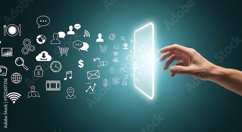 Man hand touching a glowing mobile phone screen with various app icons flying out. Digital transformation and modern smart technology concept
