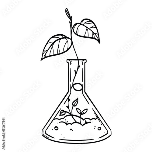 Vector illustration of a wild plant sprouting in a flask in the style of a sketch