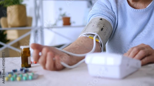 Senior woman using a blood pressure monitor at home, with medication bottles and pills visible on table, demonstrating healthcare and self monitoring