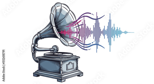 Illustration of a vintage gramophone with visible sound waves emanating from the horn speaker