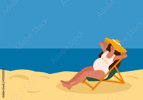 Young pregnant woman in swimsuit and straw hat relaxing in sun lounger by the sea - vector color flat illustration for banners, cards, posters, flyers
