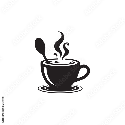 Hot Drink in a Cup, Perfect for Cafe or Restaurant Branding.A stylized, black and white graphic of a hot beverage, likely coffee or tea, in a cup with a spoon.