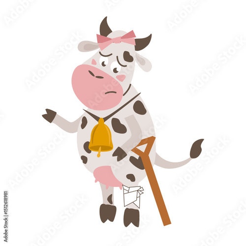 Sad cartoon cow standing on hind legs with a bell on its neck and a bow on its head with a bandaged injured leg and a crutch. Leg pain, injury - vector flat illustration, character for design