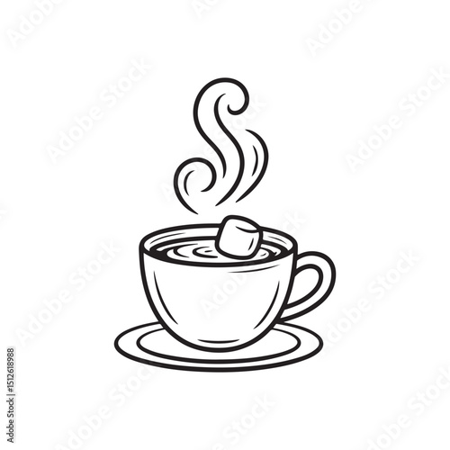 Hand-drawn illustration of a steaming hot beverage with marshmallow.A simple, black and white line drawing of a cup of hot beverage, likely coffee or cocoa, with a marshmallow floating in it.
