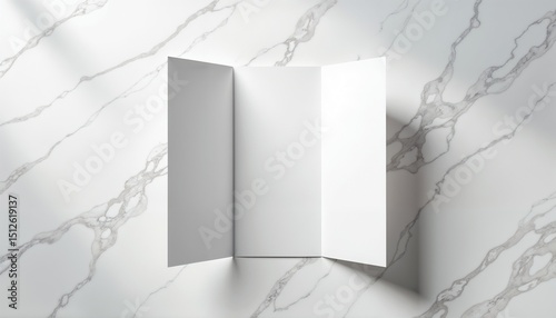 Blank Trifold Brochure Mockup, Minimalist Modern Style, White and Grey, Marketing Material or Presentation Template on Marble with Sunlight [with copy space]