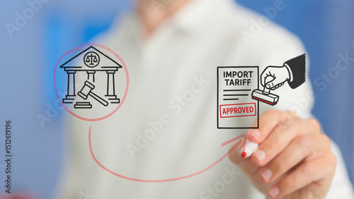 Businessman illustrating a connection between a courthouse and a gavel while presenting an import tariff document receiving approval marked by an official stamp